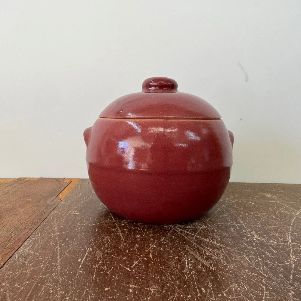 Uhl Pottery Co. Crock Stoneware Grease Drip‎ Burgundy Glaze Ceramic Lid Vintage